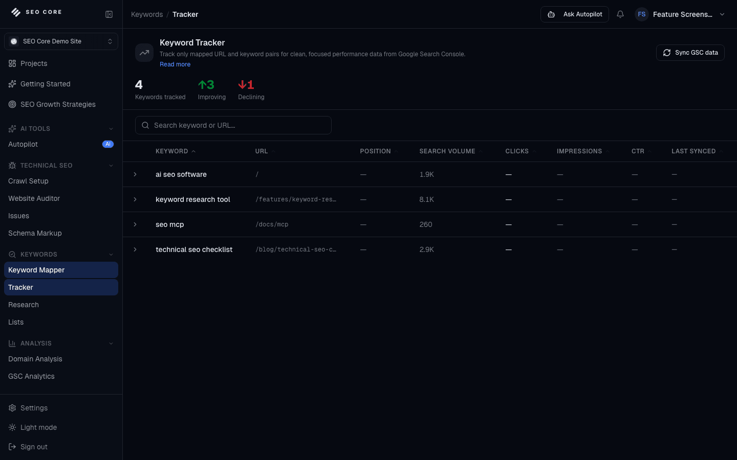 Keyword Tracker interface