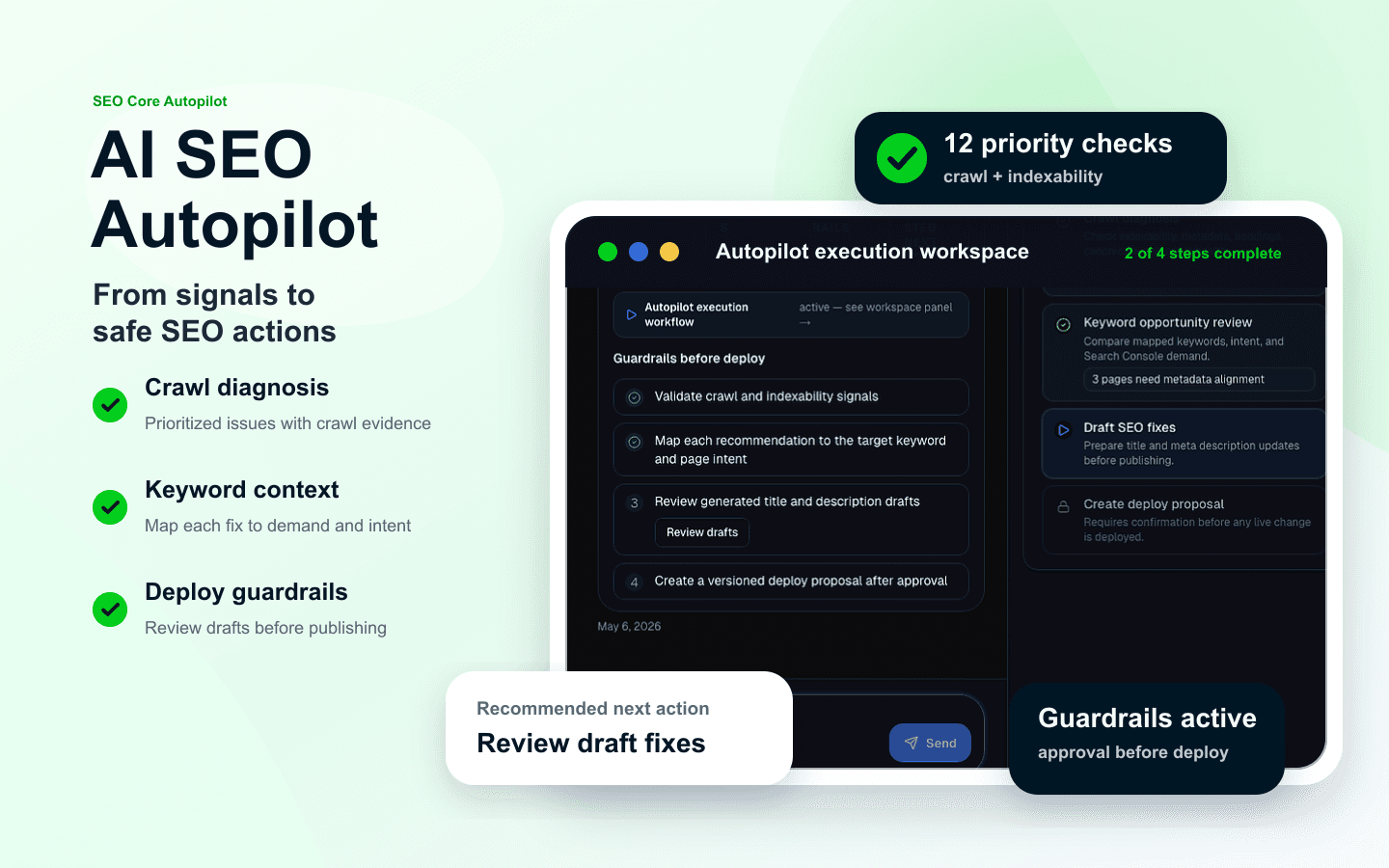 AI SEO Autopilot workflow dashboard