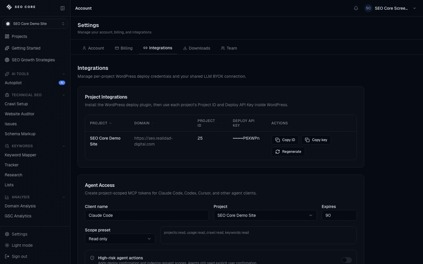SEO Core MCP interface