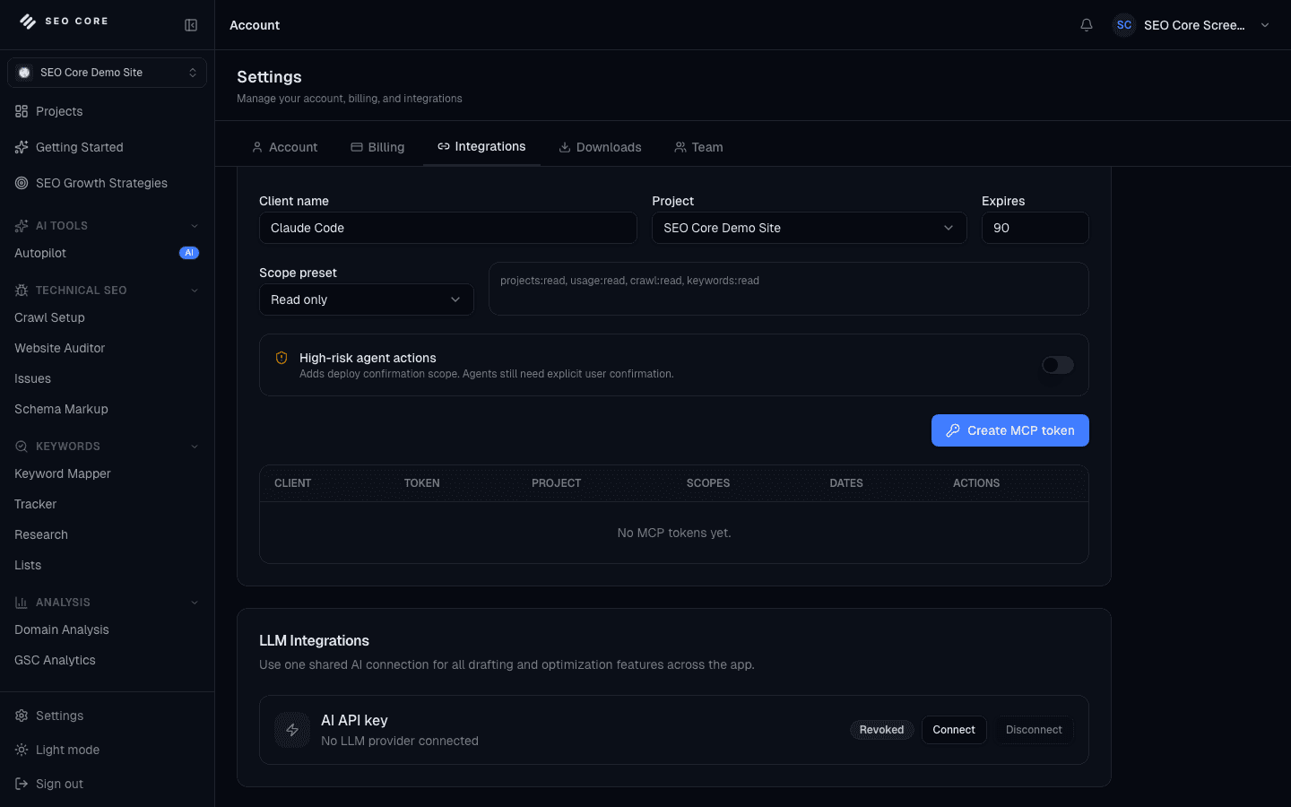SEO Core MCP workflow dashboard