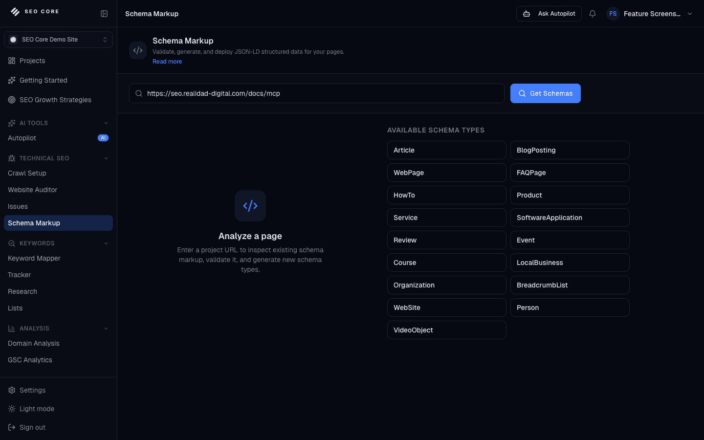 Schema Markup workflow validation panel